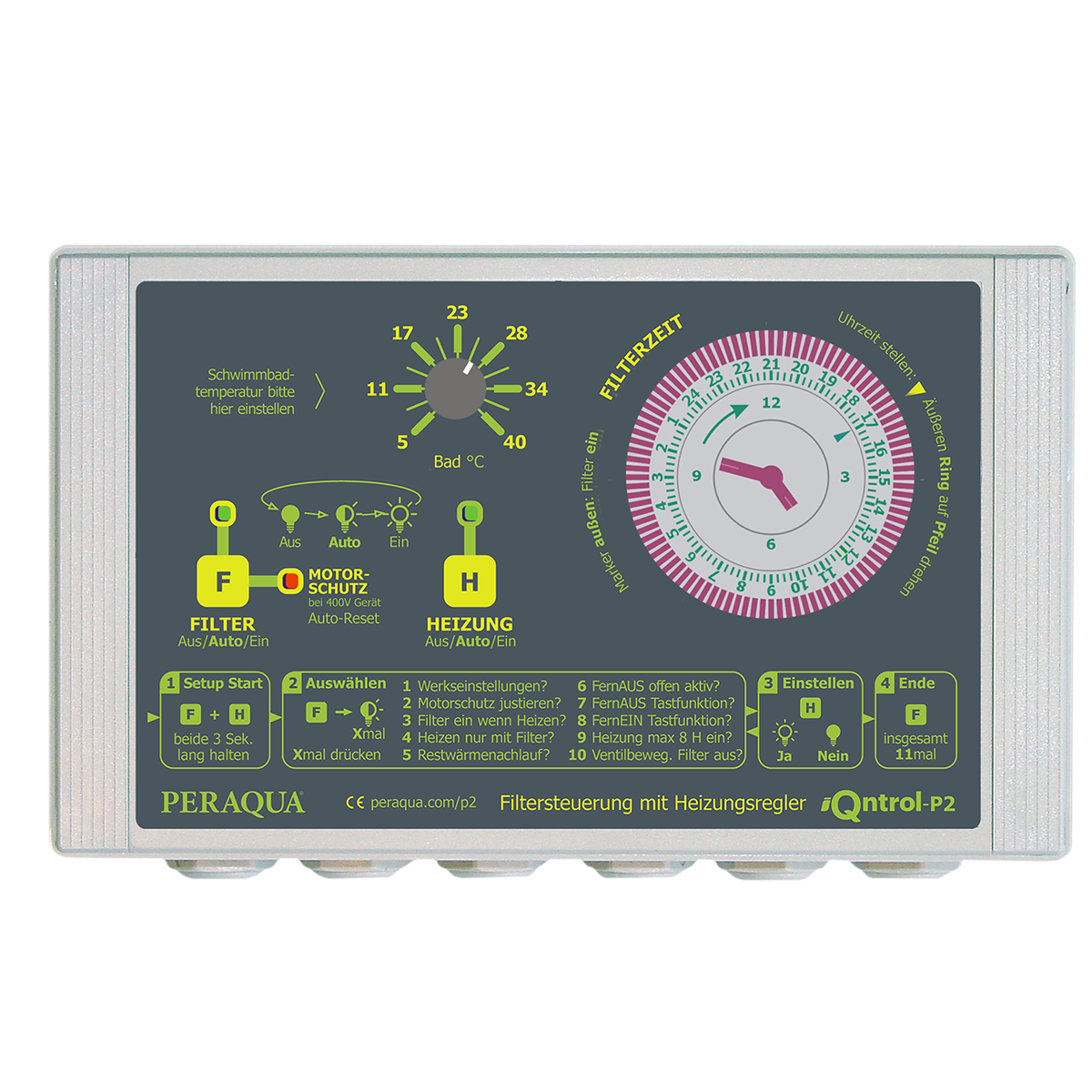 iQntrol-P2 Heizungsfiltersteuerung 230 mit manueller Badetemperatureinstellung, ohne Motorschutz, mit Temperaturfühler Messing verchromt d10 und Tauchhülse ½“ iQntrol-P2 Heizungsfiltersteuerung 230 mit manueller Badetemperatureinstellung, ohne Motorschutz, mit Temperaturfühler Messing verchromt d10 und Tauchhülse ½“