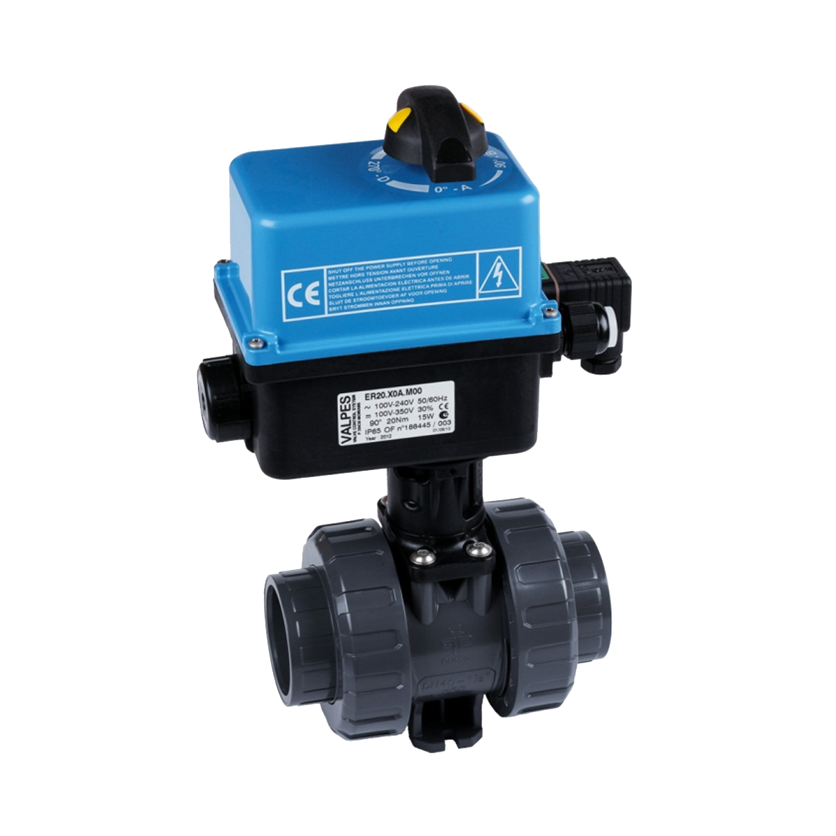 Kugelhahn M1 2W DN10 PVC grau, PVCu Klebemuffe d16 metrisch PN16 EPDM PTFE EO, ER20 90-240VAC Kugelhahn M1 2W DN10 PVC grau, PVCu Klebemuffe d16 metrisch PN16 EPDM PTFE EO, ER20 90-240VAC