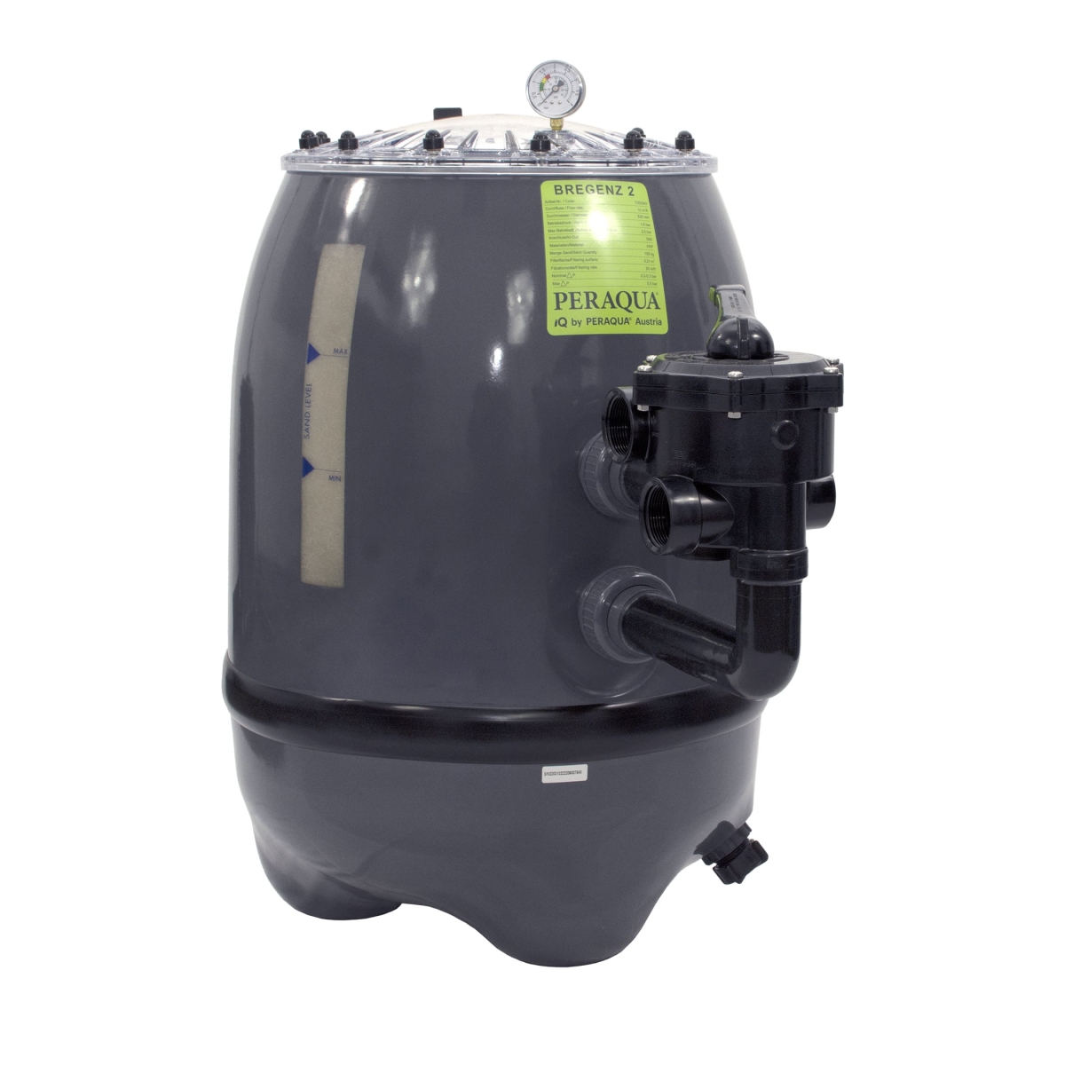 Polyester Filter Bregenz 2, d520, inkl. original Praher 6-Wege Ventil 1 ½" in schwarz, Side Mount, transparenter Flanschdeckel, RAL7024 graphitgrau Polyester Filter Bregenz 2, d520, inkl. original Praher 6-Wege Ventil 1 ½" in schwarz, Side Mount, transparenter Flanschdeckel, RAL7024 graphitgrau