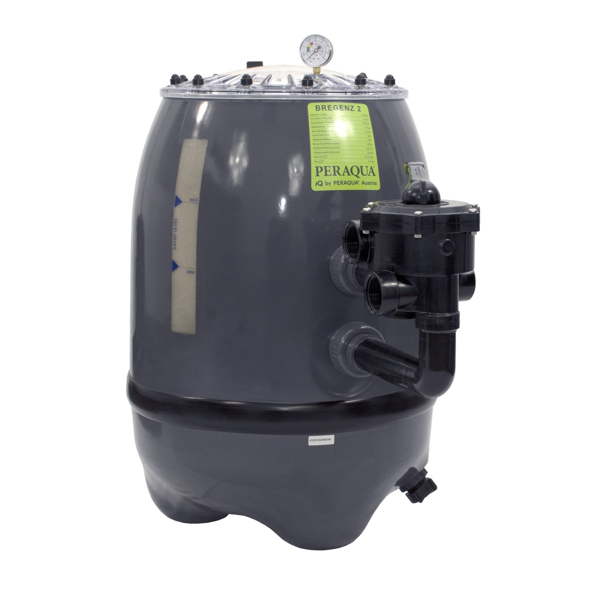 Polyester Filter Bregenz 2, d760, inkl. original Praher 6-Wege Ventil 2" in schwarz, Side Mount, transparenter Flanschdeckel, RAL7024 graphitgrau Polyester Filter Bregenz 2, d760, inkl. original Praher 6-Wege Ventil 2" in schwarz, Side Mount, transparenter Flanschdeckel, RAL7024 graphitgrau