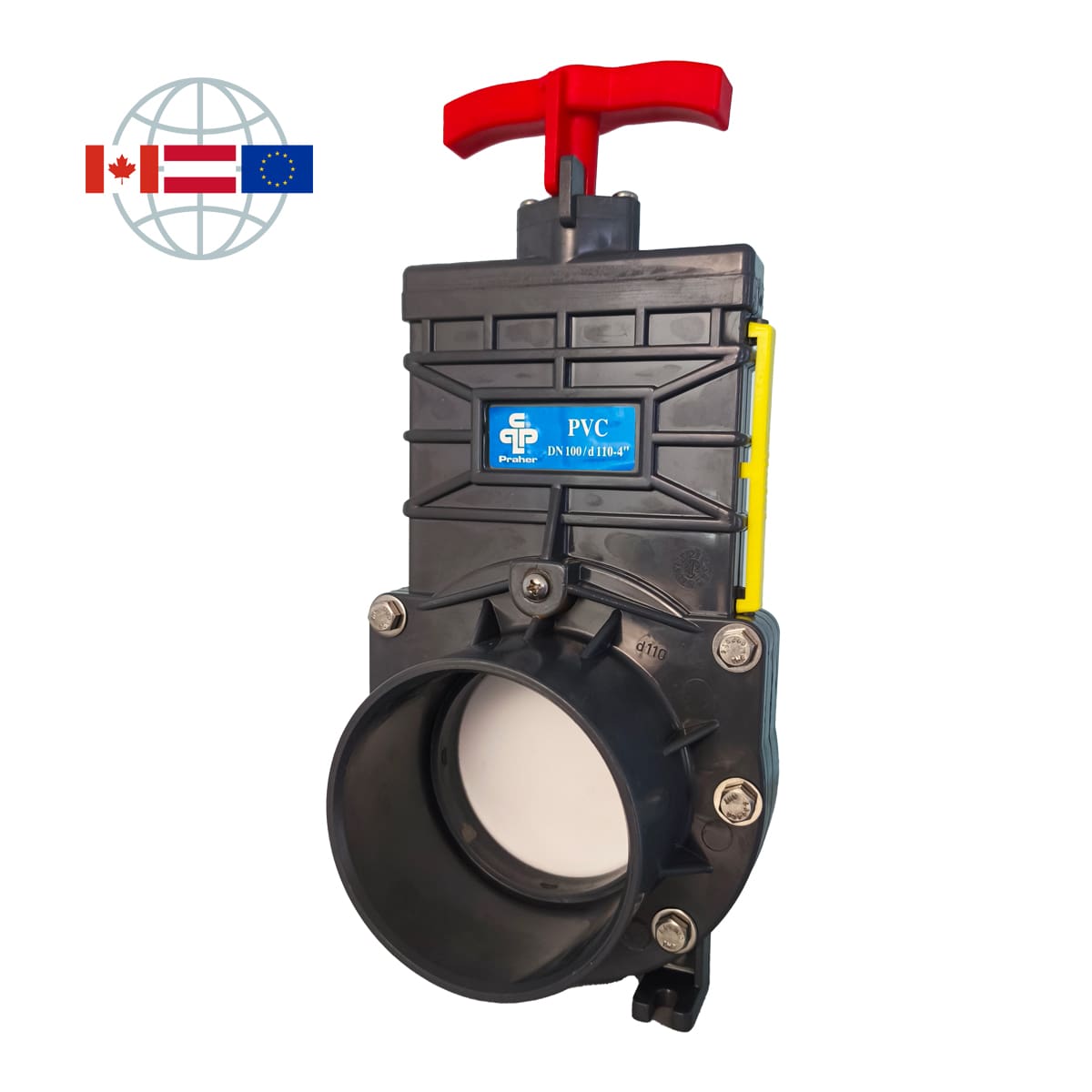 Praher Plastics Canada Absperrschieber, DN80, PVC-U, Klebemuffen d90 metrisch, PN1, EPDM O-Ringe, grau Praher Plastics Canada Absperrschieber, DN80, PVC-U, Klebemuffen d90 metrisch, PN1, EPDM O-Ringe, grau