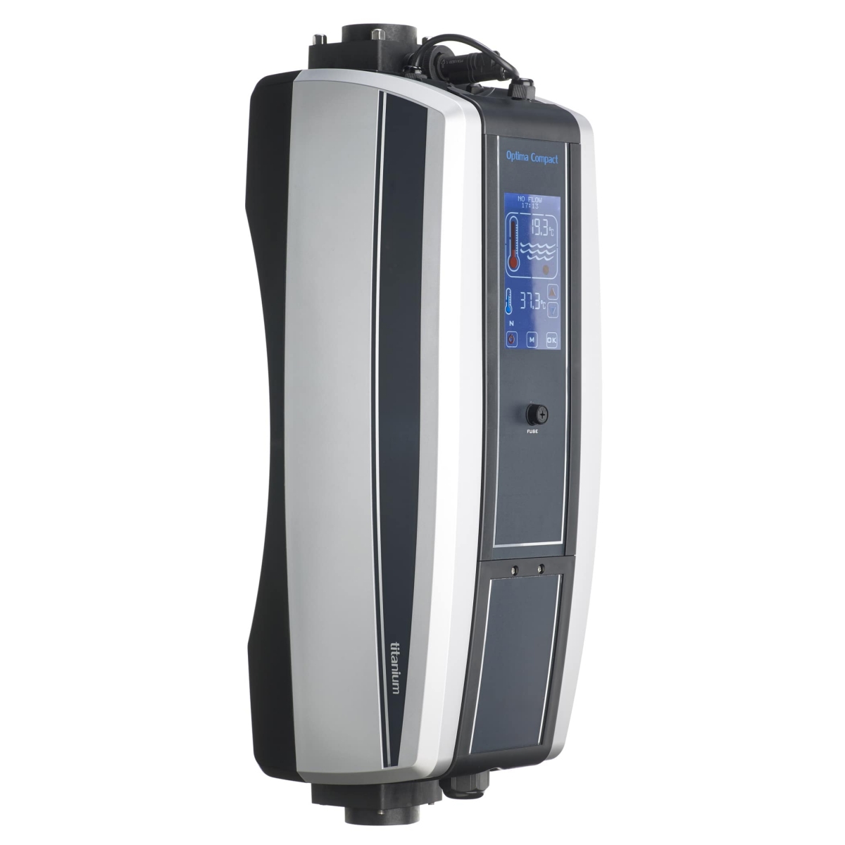 Titan Elektroheizung, 9 kW, 400 V, 3P, IP44, mit Heizungsregler, Temperatursensor und Sicherheitstemperaturbegrenzer, für Salzelektrolyse geeignet Titan Elektroheizung, 9 kW, 400 V, 3P, IP44, mit Heizungsregler, Temperatursensor und Sicherheitstemperaturbegrenzer, für Salzelektrolyse geeignet