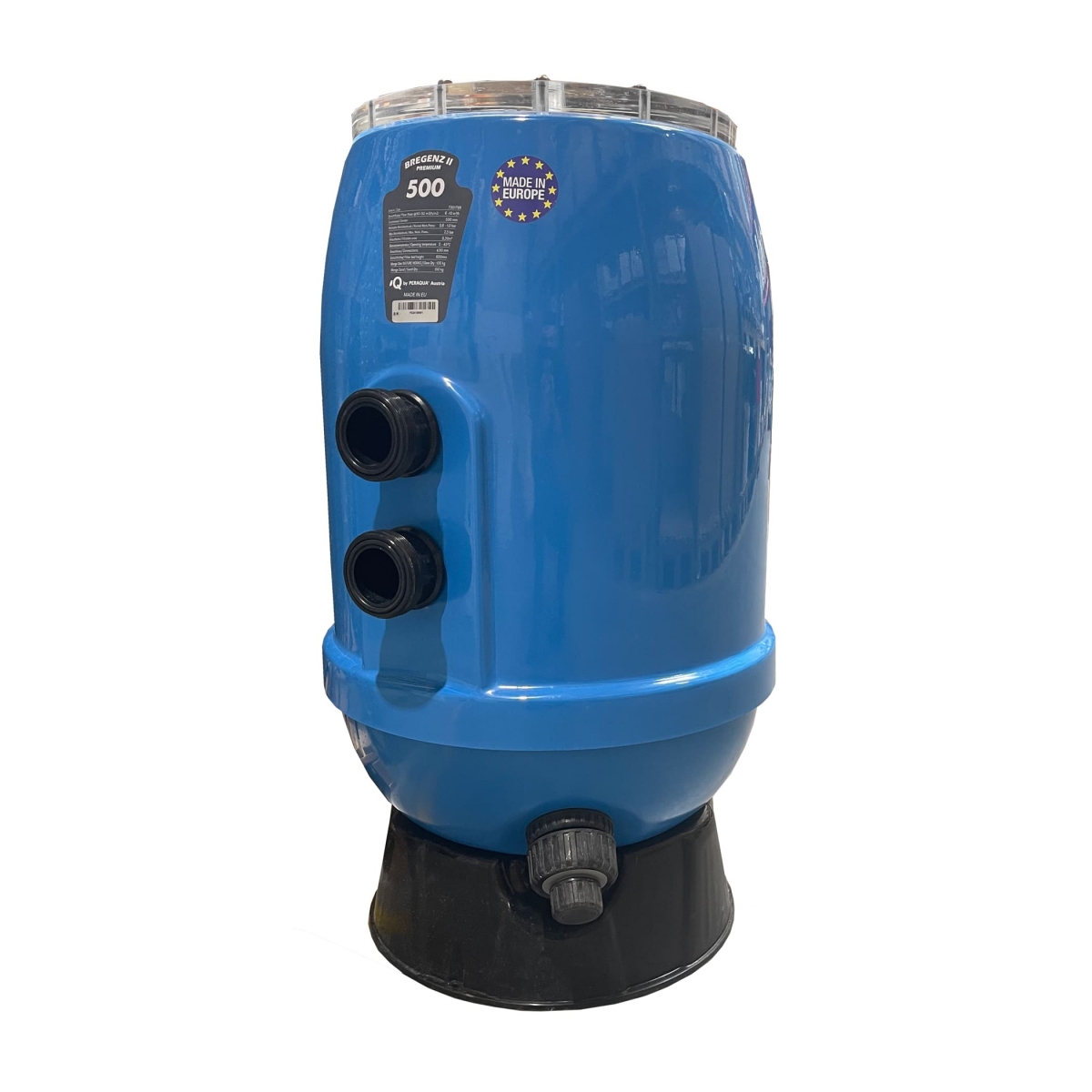 Polyester Filter Bregenz 2 Premium, d600, 1 1/2" Anschluss, Side Mount, transparenter Flanschdeckel, RAL5015 himmelblau Polyester Filter Bregenz 2 Premium, d600, 1 1/2" Anschluss, Side Mount, transparenter Flanschdeckel, RAL5015 himmelblau