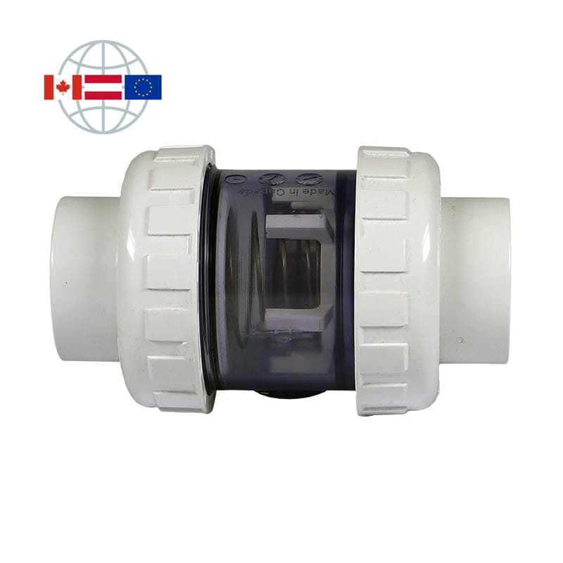 Praher Plastics Canada Rückschlagventil S5, PVC, federbelastet, Körper transparent, Klebemuffen PVCu metrisch mit Überwurfmutter, EPDM O-Ringe 