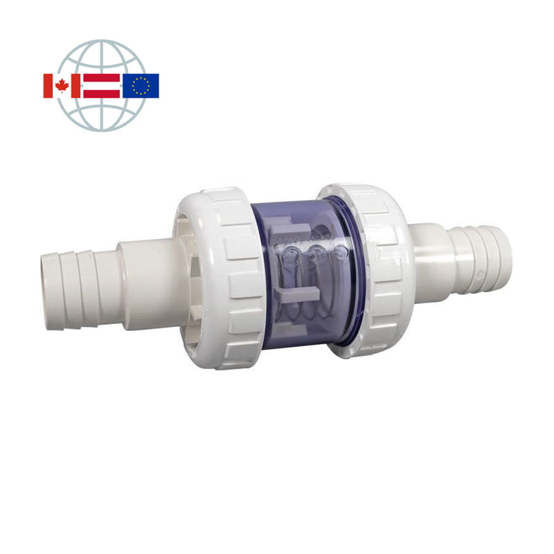 Praher Plastics Canada Rückschlagventil S5, DN40, PVC, federbelastet, Körper transparent, Schlauchtüllen d32-d38 mit Überwurfmutter, EPDM O-Ringe, weiss Praher Plastics Canada Rückschlagventil S5, DN40, PVC, federbelastet, Körper transparent, Schlauchtüllen d32-d38 mit Überwurfmutter, EPDM O-Ringe, weiss