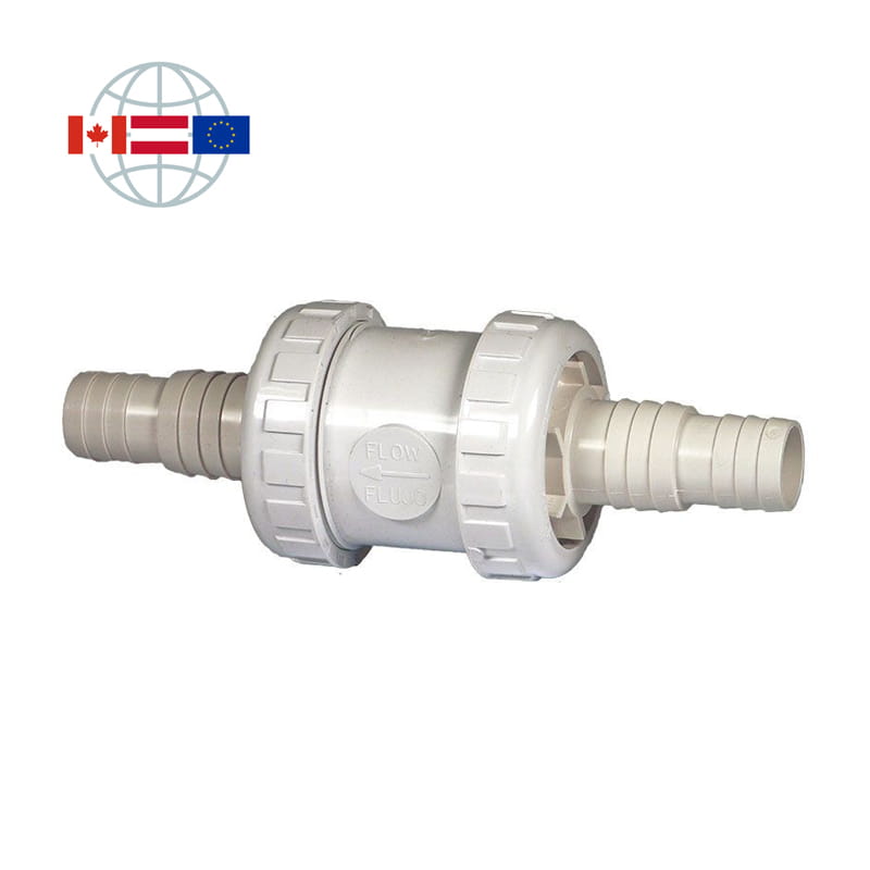 Praher Plastics Canada Rückschlagventil S5, DN40, PVC, federbelastet, Schlauchtüllen d32-d38 mit Überwurfmutter, EPDM O-Ringe, weiss Praher Plastics Canada Rückschlagventil S5, DN40, PVC, federbelastet, Schlauchtüllen d32-d38 mit Überwurfmutter, EPDM O-Ringe, weiss