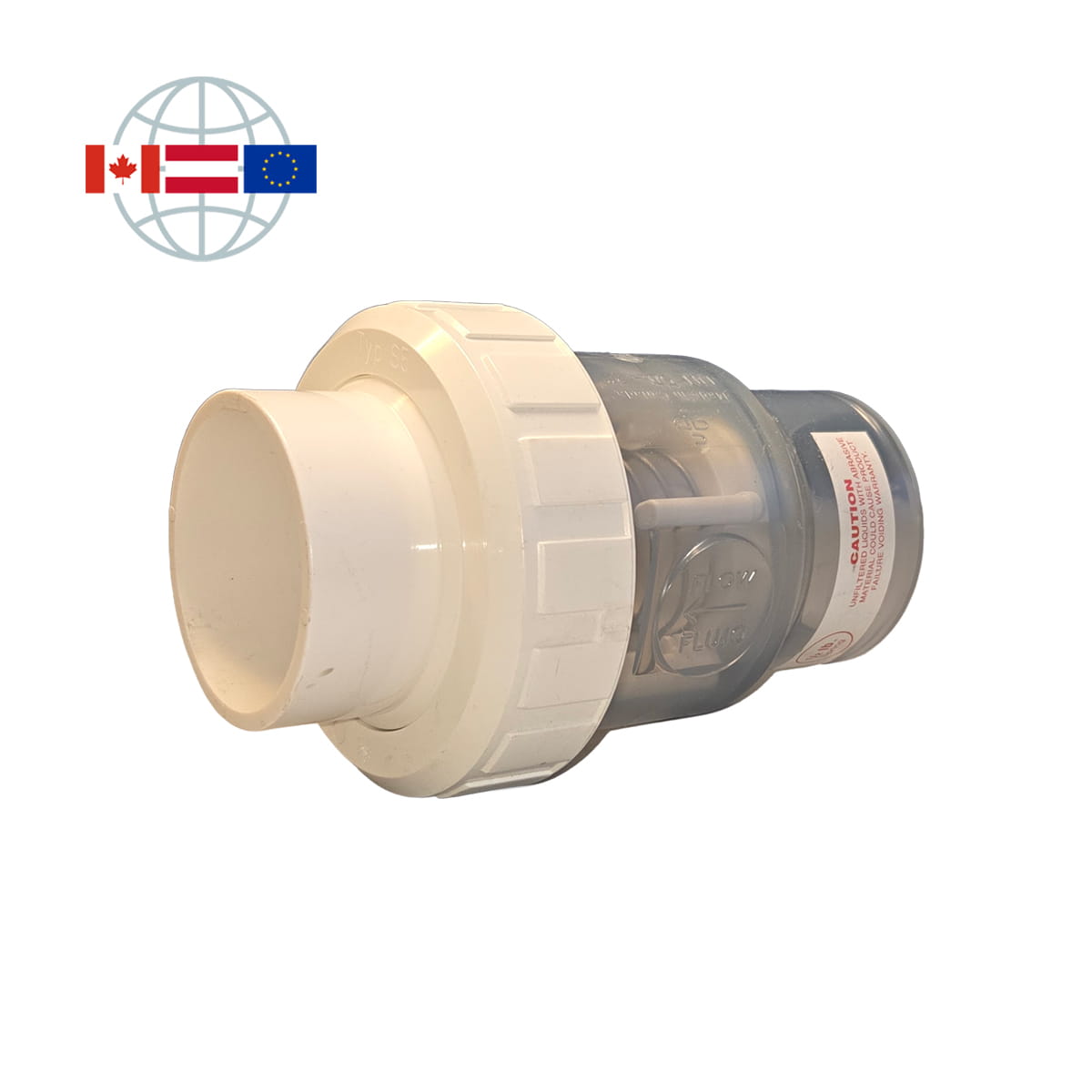 Praher Plastics Canada Rückschlagventil SU, DN50, PVC, federbelastet, Körper transparent, Klebemuffe PVCu d63 metrisch mit Überwurfmutter, Klebemuffe PVCu d63 metrisch, EPDM O-Ringe, weiß Praher Plastics Canada Rückschlagventil SU, DN50, PVC, federbelastet, Körper transparent, Klebemuffe PVCu d63 metrisch mit Überwurfmutter, Klebemuffe PVCu d63 metrisch, EPDM O-Ringe, weiß