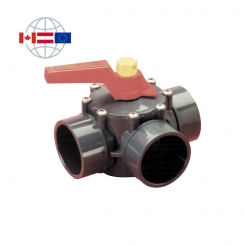 Praher Plastics Canada 3-Wege Drehschieber, PVC-C, Klebemuffen metrisch, Nitril O-Ringe, Noryl Rotor, grau 