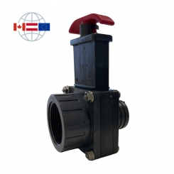 Praher Plastics Canada Absperrschieber, PVC-U, IG BSP 1½", Schlauchtülle d38, PN3,5, EPDM O-Ringe, grau 