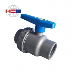 Praher Plastics Canada 2-Wege Kugelhahn SU, PVC, Klebemuffe metrisch, Klebemuffe metrisch mit Überwurfmutter, EPDM O-Ringe, Polyethylen Kugelsitzring, grau 