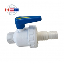 Praher Plastics Canada 2-Wege Kugelhahn SU, PVC, Außengewinde 1 1/2" NPT, Schlauchtülle d32-d38 mit Überwurfmutter, EPDM O-Ringe, Polyethylen Kugelsitzring, weiss 