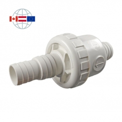 Praher Plastics Canada Rückschlagventil S5, PVC, federbelastet, Schlauchtülle d38, Schlauchtülle d32-d38 mit Überwurfmutter, EPDM O-Ringe 