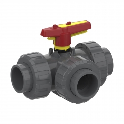 Praher Plastics 3-Wege Kugelhahn M1, PVCu, L-Kugel, Klebemuffen metrisch mit Überwurfmutter, EPDM O-Ringe, PTFE Kugelsitzring, grau 