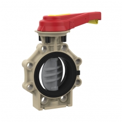 Praher Plastics Absperrklappe K4, PVC, Flanschanschluss, EPDM-Dichtung, A4-Welle, PN10, handbetätigt, grau 
